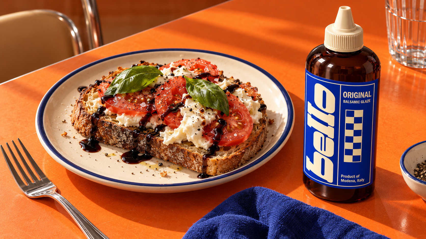 Tomato, mozzarella and basil toast beside a Bello Original bottle