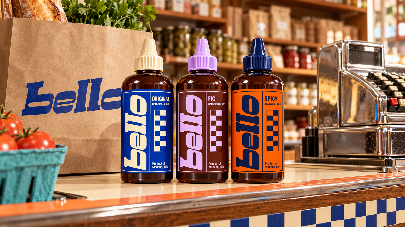 Bello's three flavors beside a grocery bag at a retro checkout