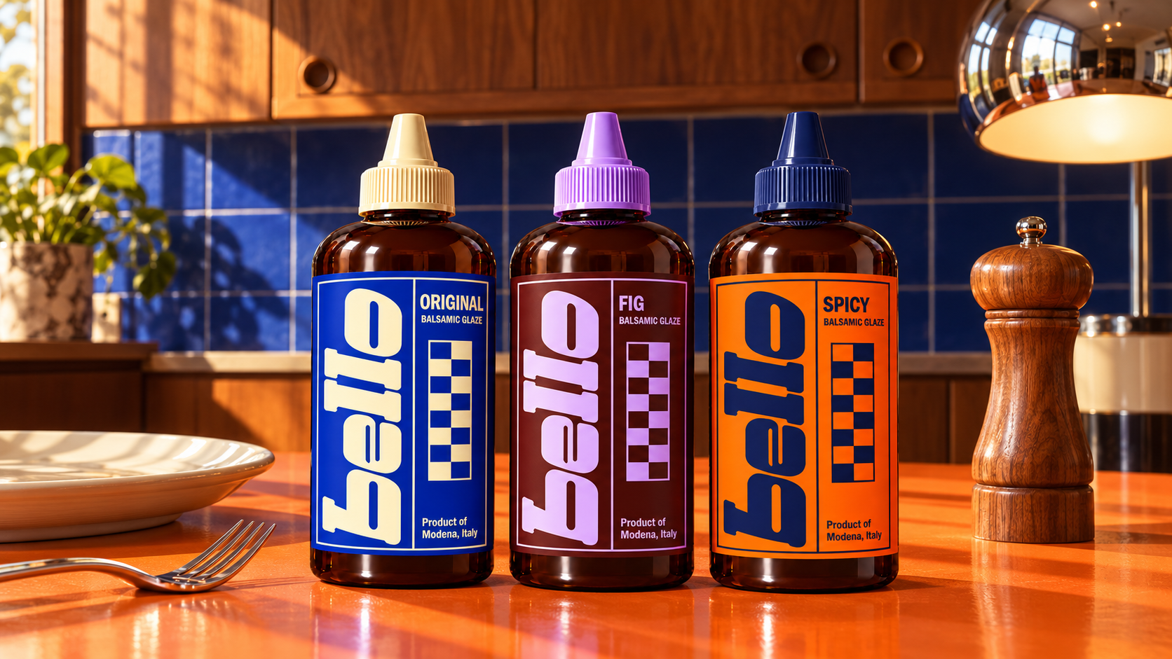 Bello Original, Fig and Spicy on an orange counter in a sunlit kitchen with cobalt tile