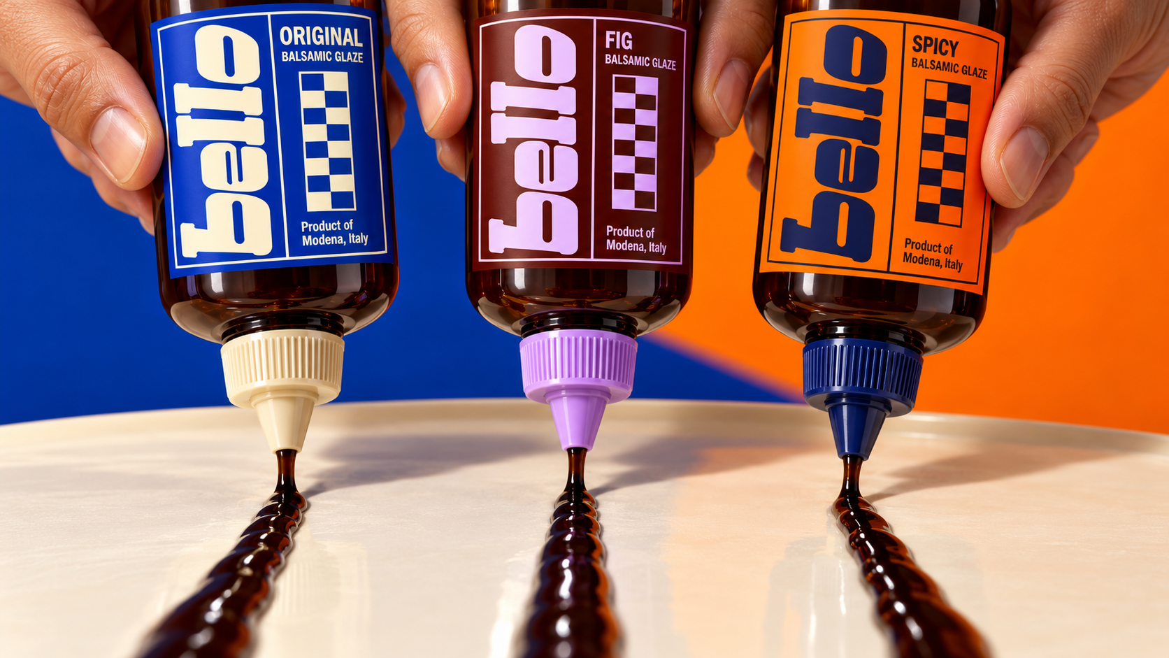 Original, Fig and Spicy bottles squeezing three lines of balsamic glaze